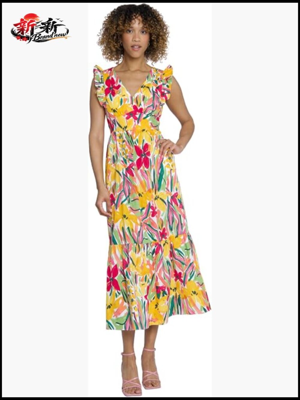 Women's Floral Maxi Dress V-Neck Ruffle Pockets